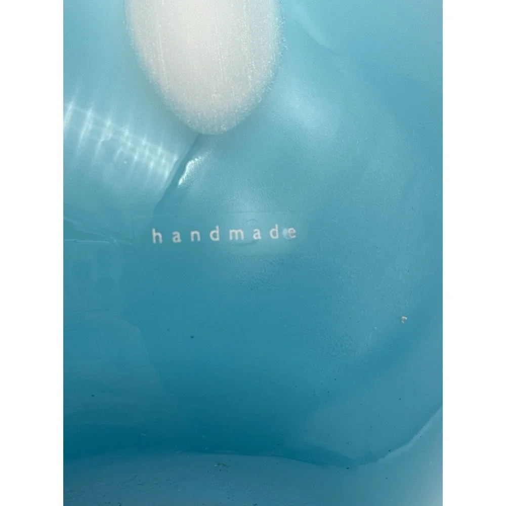 MCM Art Glass Hand Blown BLUE White Vase Modern Art w Circular Indentation 7